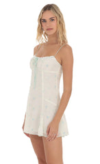Embroidered Floral Front Tie Dress in White