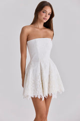 white strapless custom lace broderie anglaise mini dress