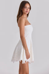 white strapless custom lace broderie anglaise mini dress